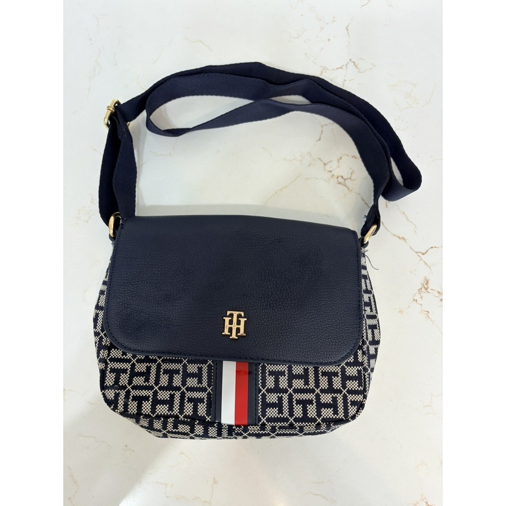 Tommy Hilfiger Blue Monogram Pebbled Flap Crossbody Bag Magnetic Gold Detach